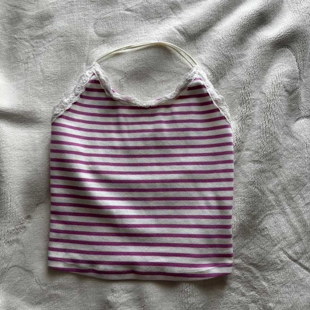 American Eagle Outfitters White & Purple Striped Lace-Trim Halter Camisole
